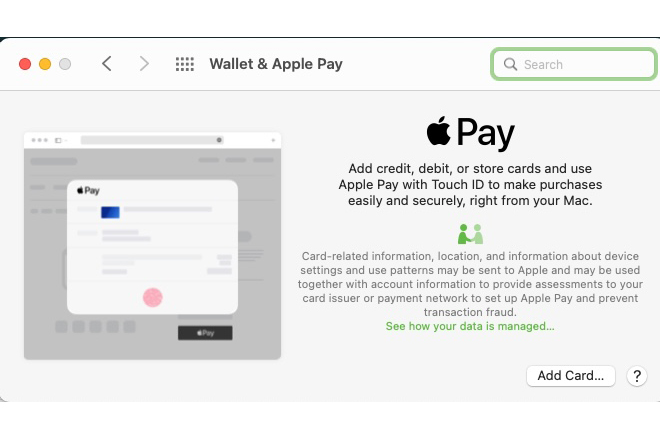 Interface para adicionar um cartão à Apple Wallet no Mac.