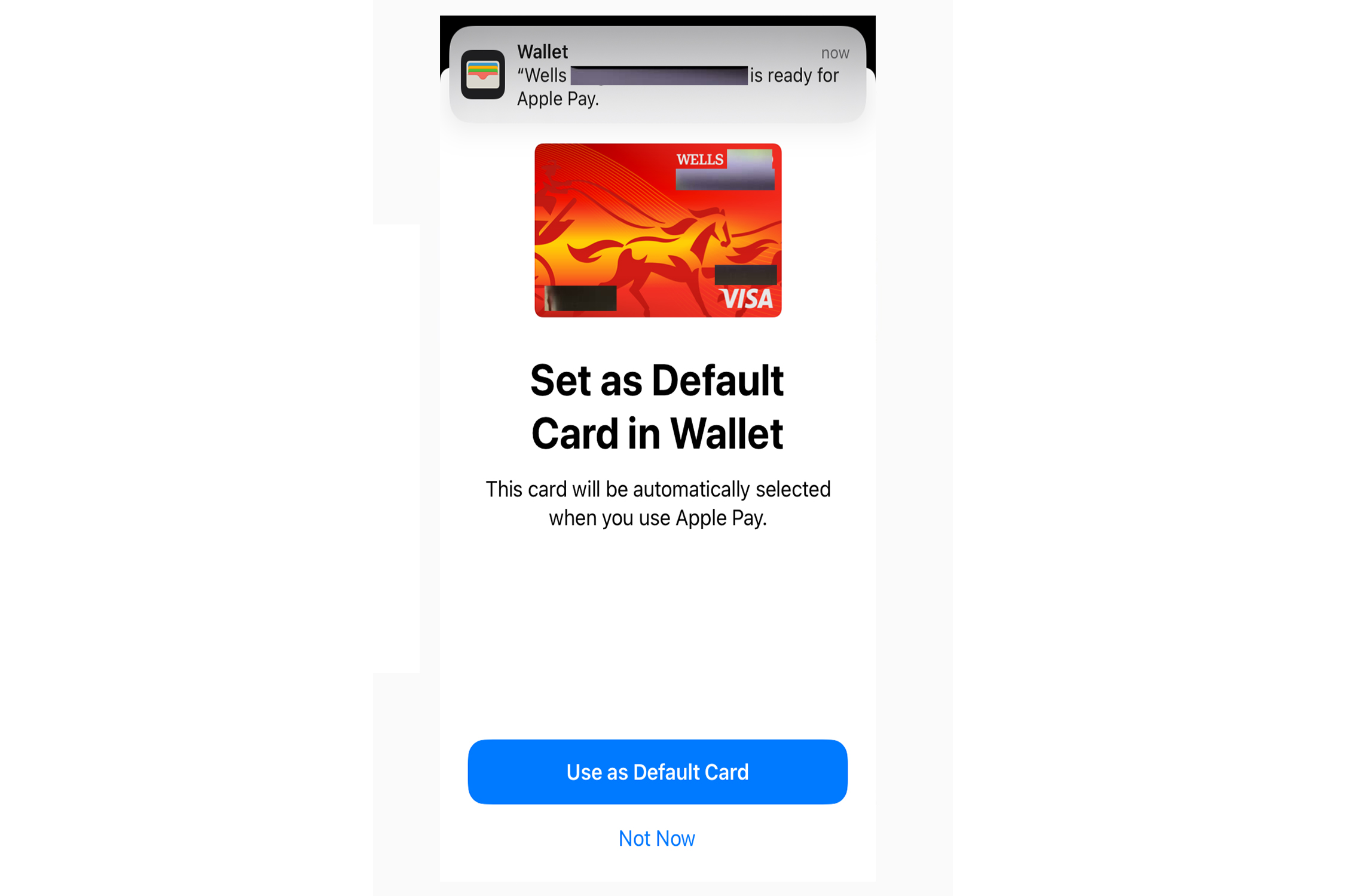 Apple Wallet credit card ready to use notice.