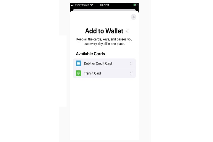 Apple Wallet add credit card pane.