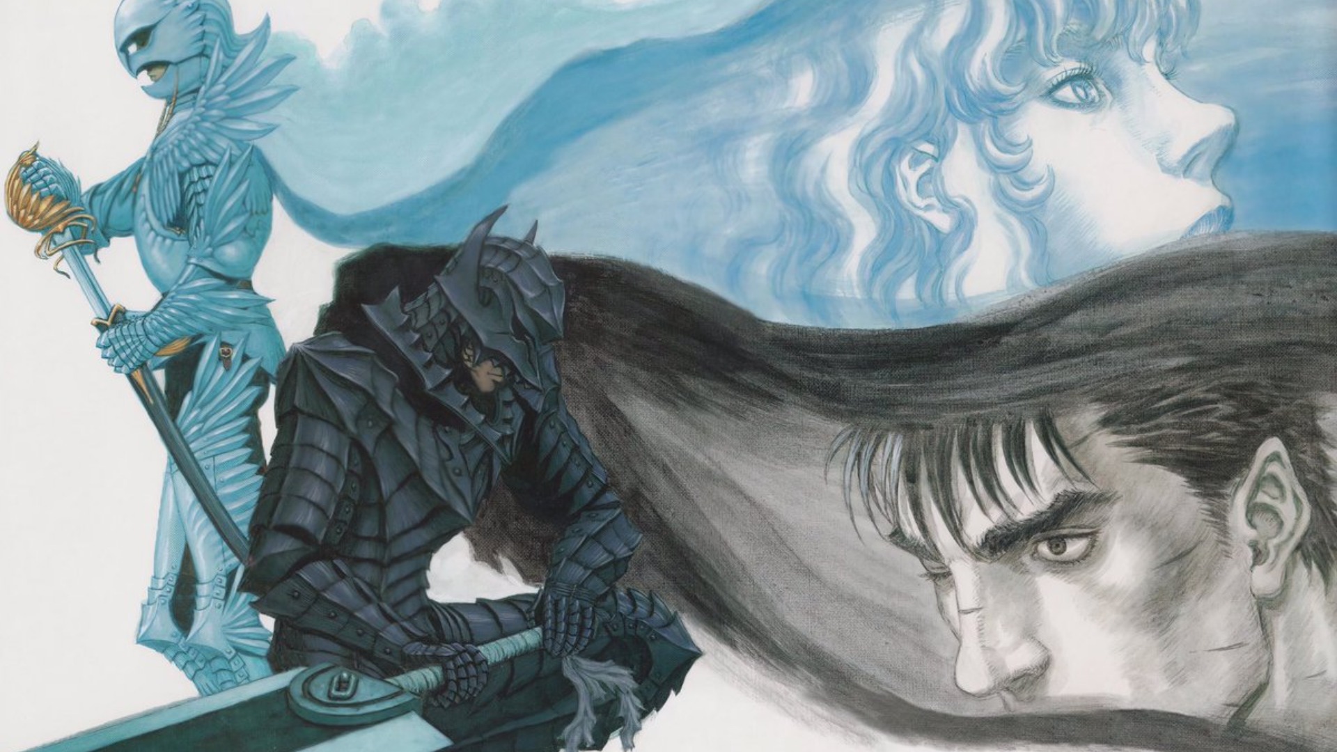 A arte da capa especial do falecido Kentaro Miura para Berserk vol.  34, com Griffith e Guts vestindo suas armaduras.