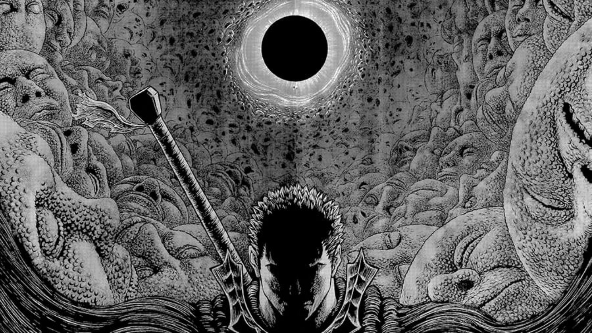 Uma silhueta sobre o rosto de Guts com o Eclipse e seus horrores surgindo atrás dele em Berserk.