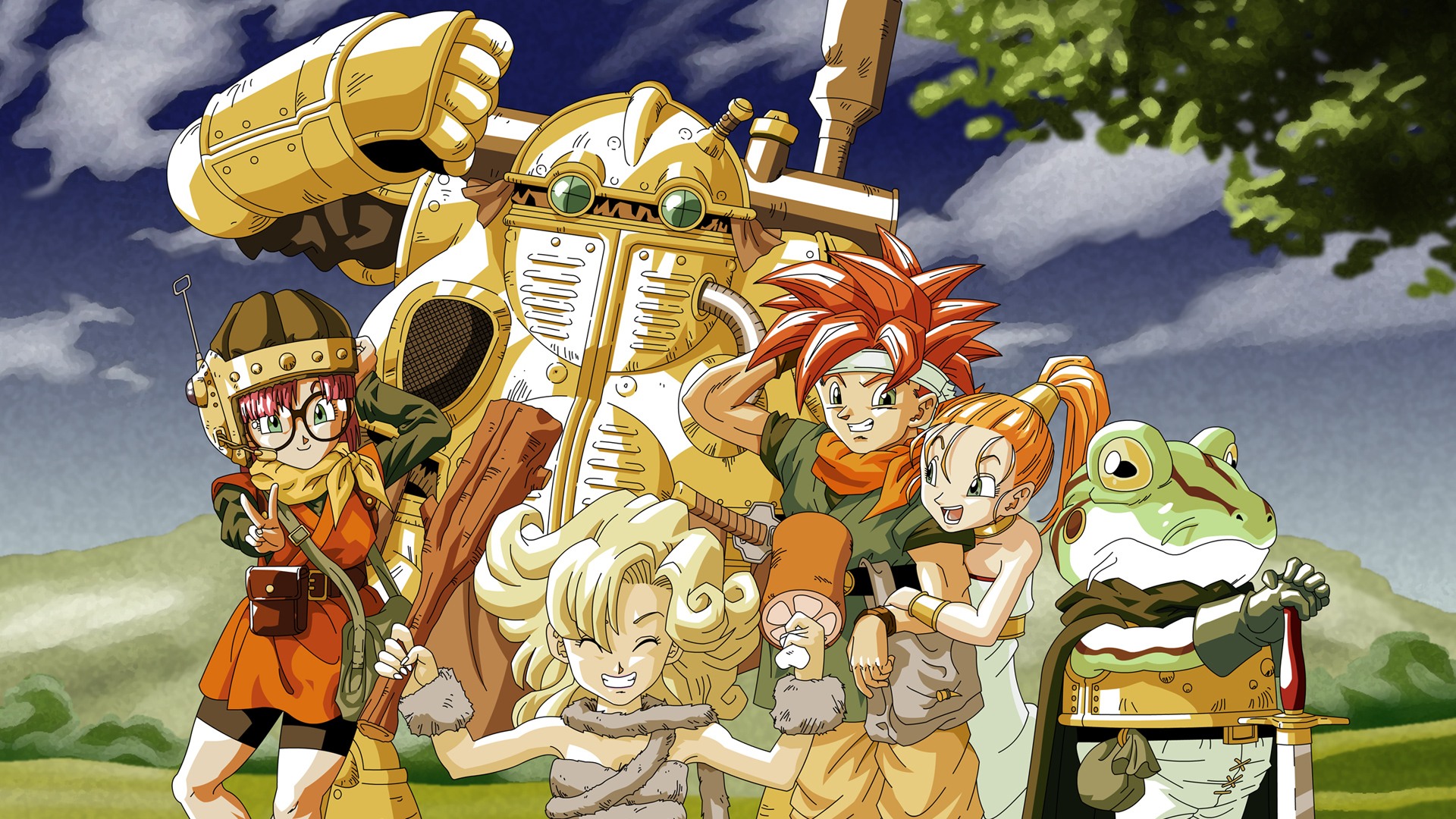 O colorido elenco principal de personagens em Chrono Trigger.