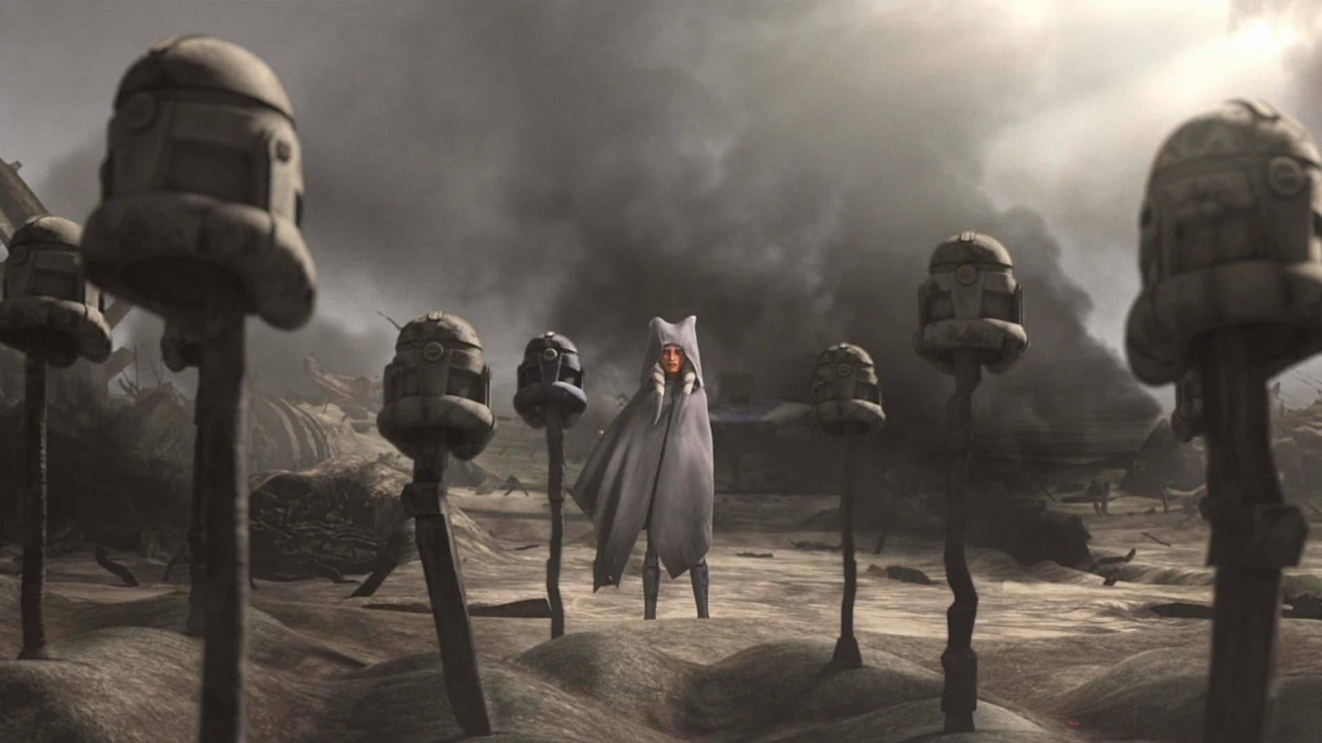 Ahsoka de pie ante las tumbas de sus amigos y camaradas caídos en el final de la serie The Clone Wars.