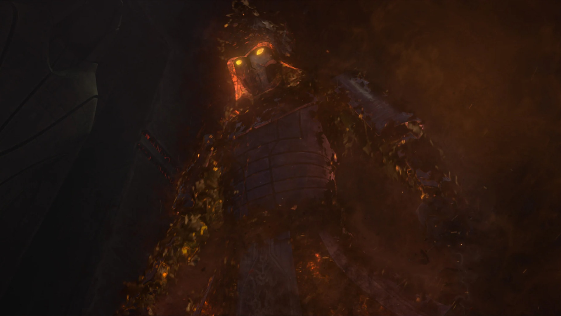 A smoldering illusion of Darth Bane appearing before Yoda in "Star Wars: The Clone Wars."
