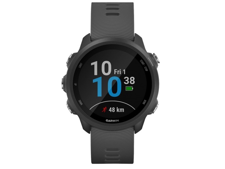 The Garmin Forerunner 245 smartwatch with the time and running distance on the display.
