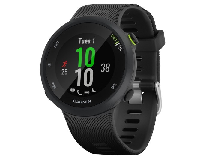 The Garmin Forerunner 45 smartwatch in black, showing fitness metrics on the screen.