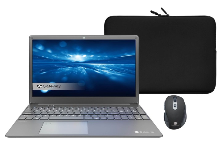 The Gateway Ultra Slim Notebook with carrying case and wireless mouse.