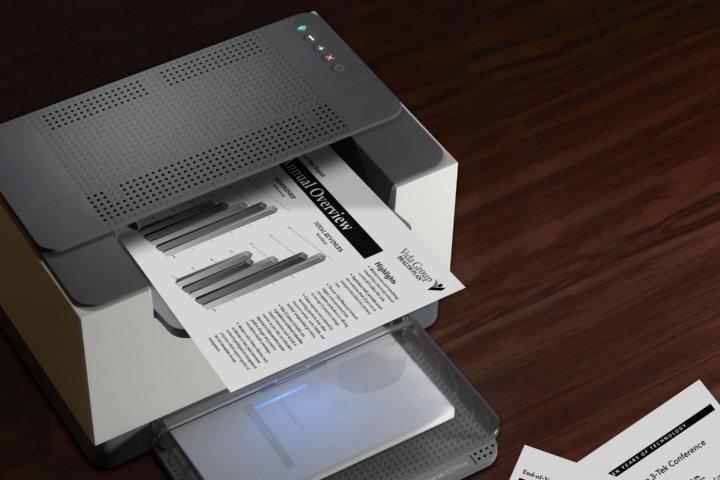 Printer laser monokrom HP LaserJet M209dwe di atas meja.
