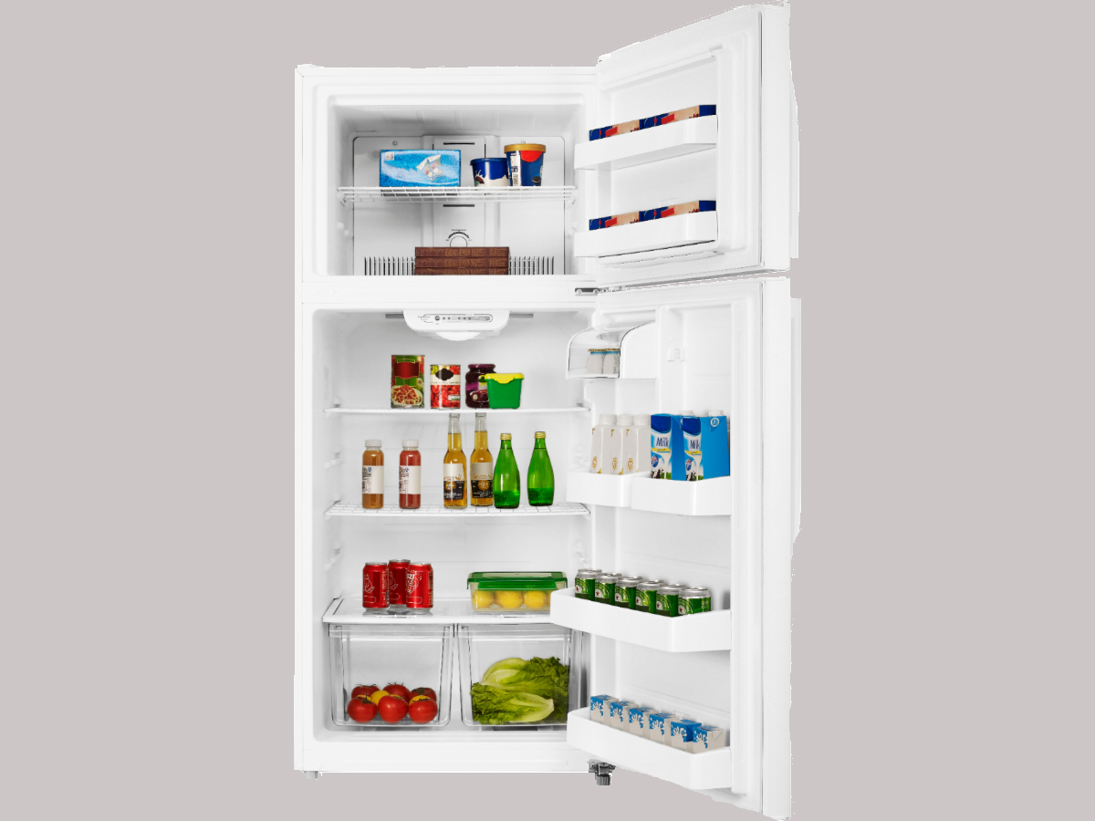 Insignia 18.1-cu. ft. top-freezer refrigerator with doors open and shelves partially loaded.
