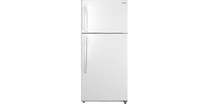 Insignia 18.1 cubic feet top-freezer refrigerator closed and on a white background.