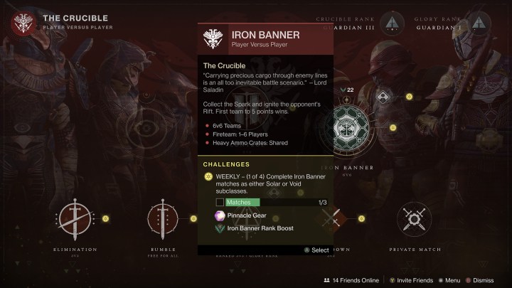 The Iron Banner menu of Destiny 2, showing a weekly objective to complete 3 matches.
