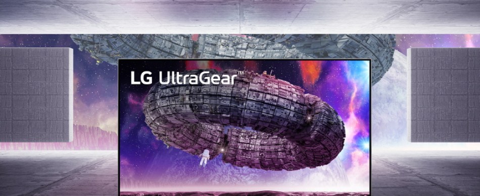 LG UltraGear monitor over a futuristic background.