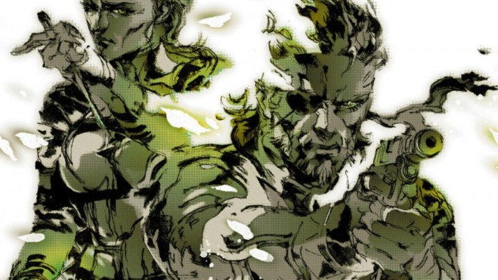 MGS 3 promo art of The Boss and Naked Snake with their weapons drawn.