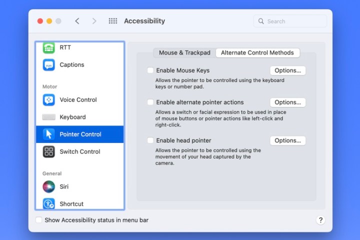 Controllo punto, scheda Metodi di controllo alternativi su Mac.