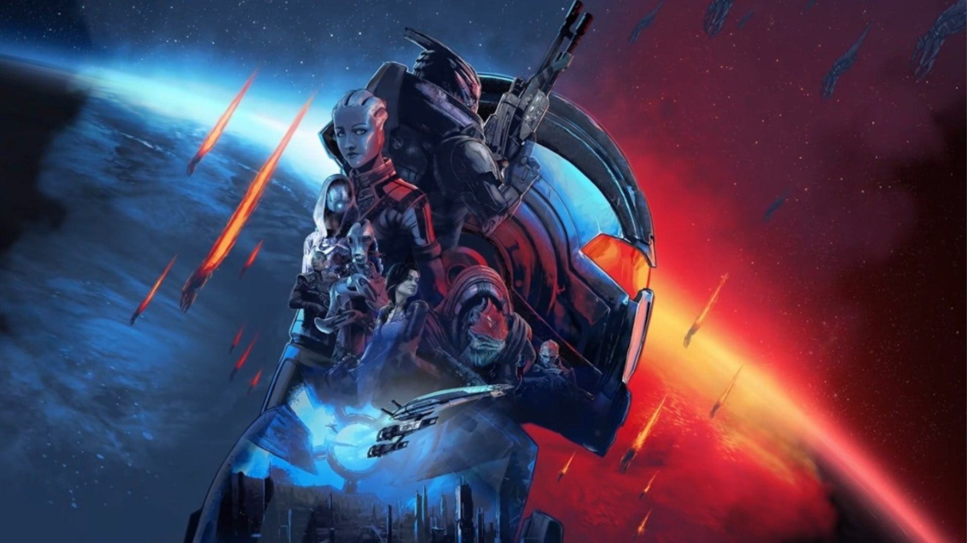 Arte promocional e colagem do elenco principal da trilogia original de Mass Effect para a remasterização da Legendary Edition.