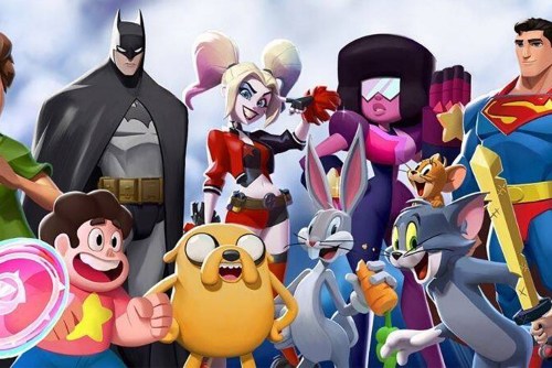A large group of DC and Warner Bros characters stand together in MultiVersus.