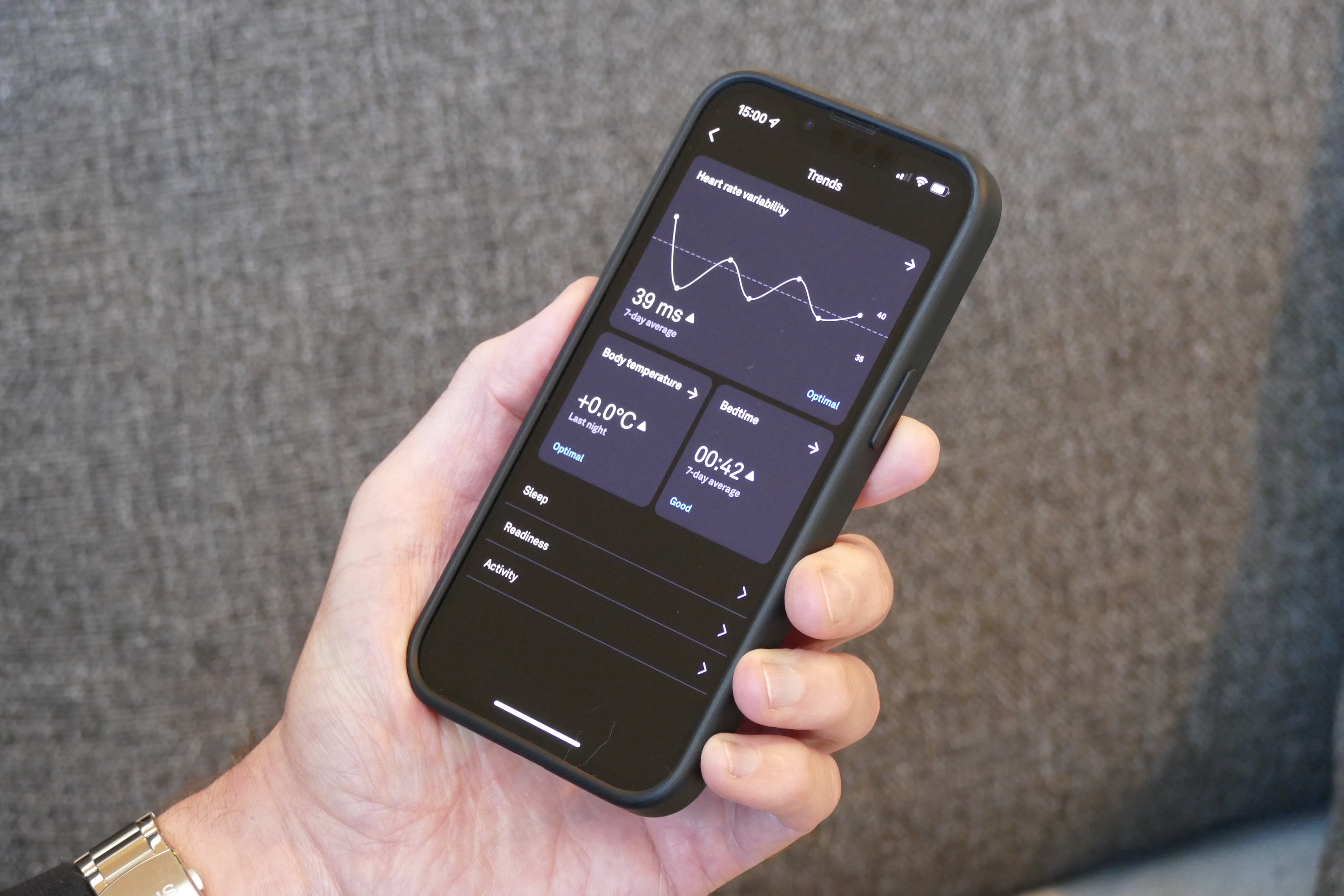The Oura Ring app showing HRV trend data.
