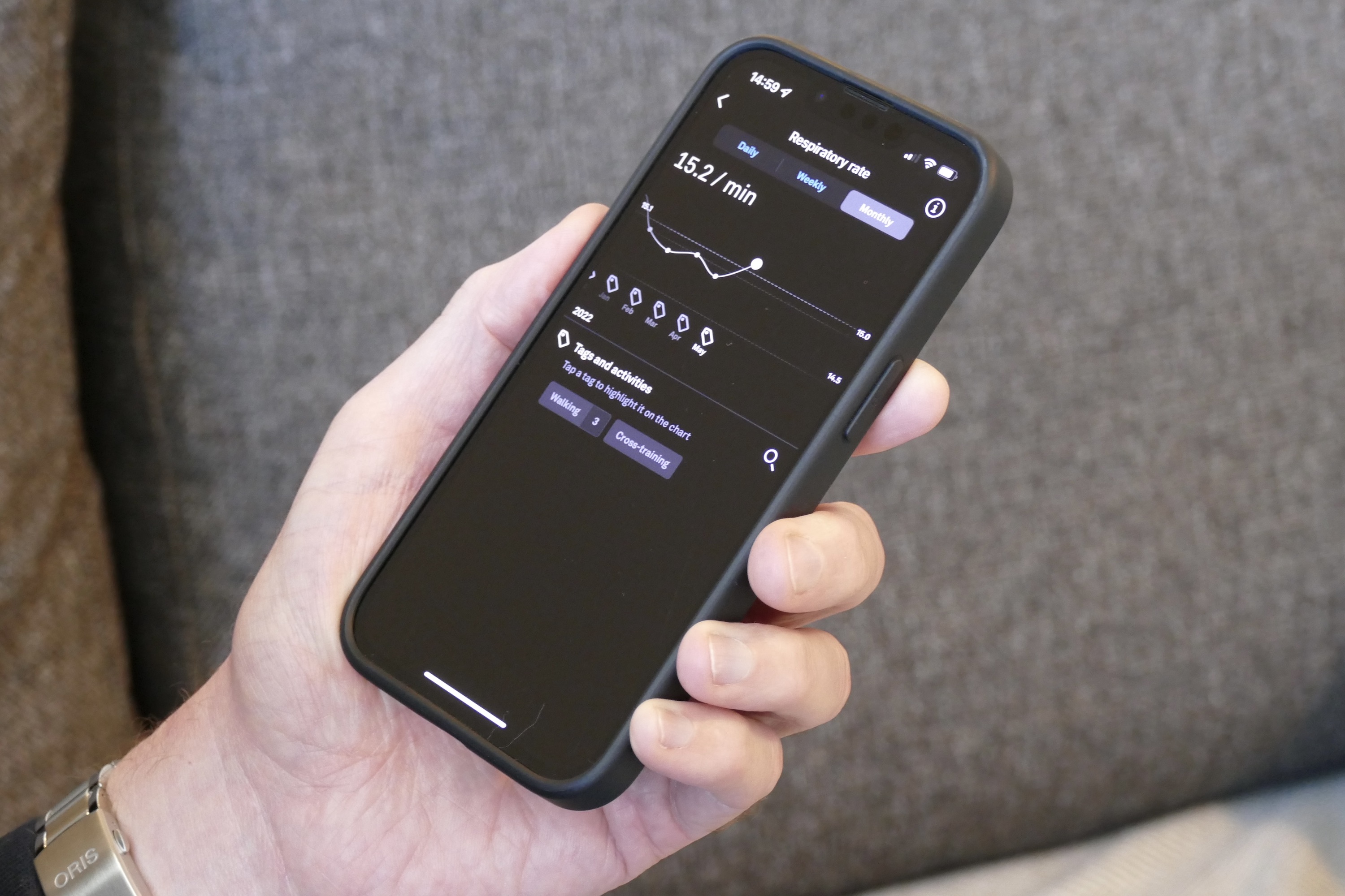 L'app Oura Ring che mostra i dati sulla frequenza respiratoria.