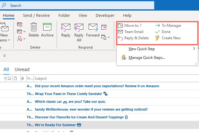 Predefined Quick Steps in Outlook.