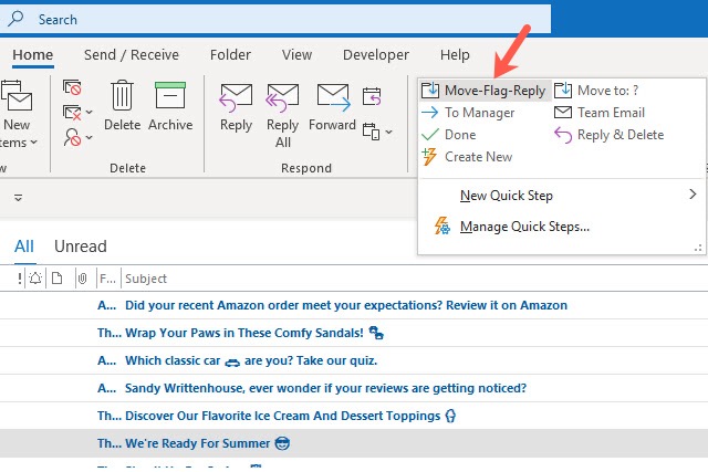 Quick steps in the ribbon showing the custom option.