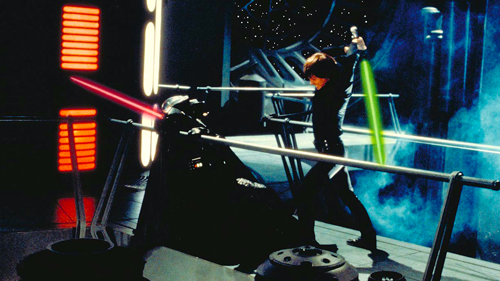 Luke Skywalker duels Darth Vader in Return of the Jedi.