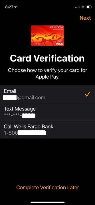 Apple Pay on Apple Watch verification info.