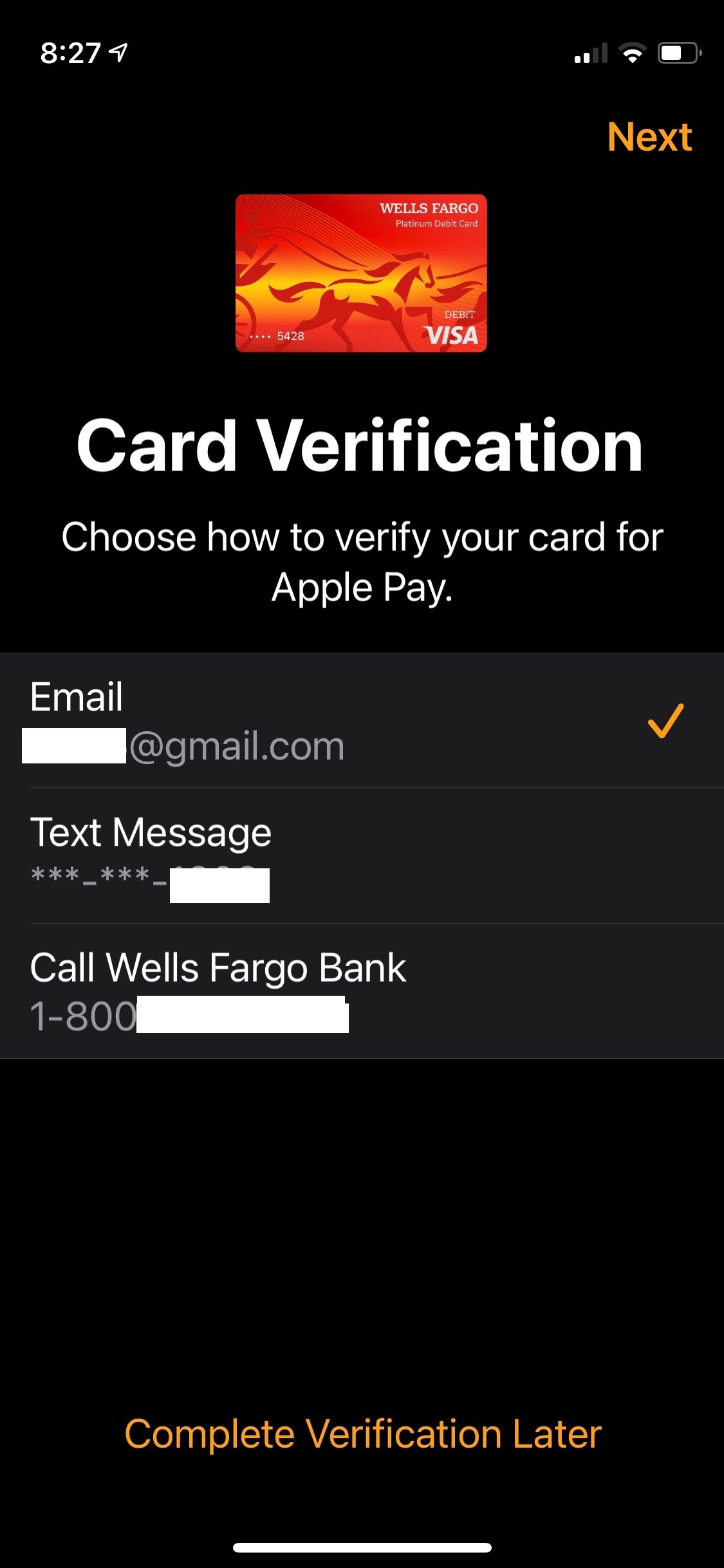 Apple Pay on Apple Watch verification info.