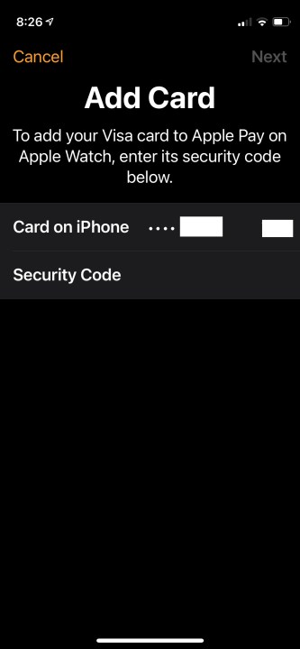 Apple Pay on Apple Watch security code.