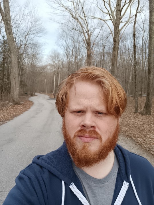 Selfie di un uomo su una strada nel bosco
