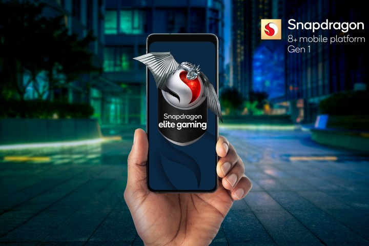 Rendu numérique d'un smartphone présentant un badge pour les fonctionnalités de jeu Elite de Qualcomm sur Snapdragon 8 Plus Gen 1 et Snapdragon 7 Gen 1.