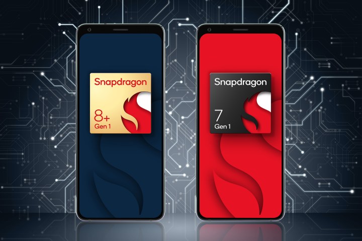 Mockup renders of reference smartphones with Qualcomm Snapdragon 8 Plus Gen 1 and Snapdragon 7 Gen 1.