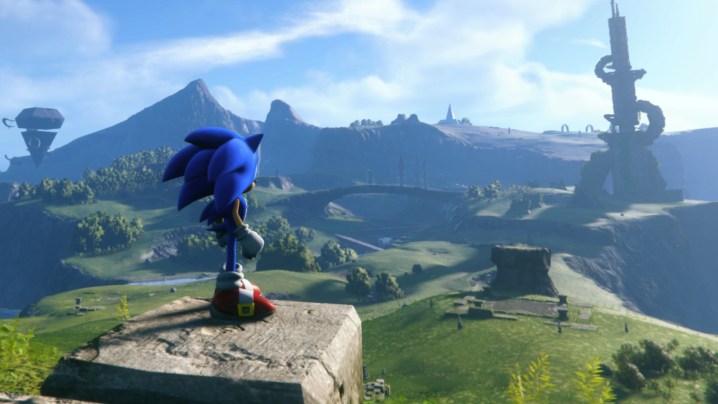 Sonic looks over a plains landscape from above.