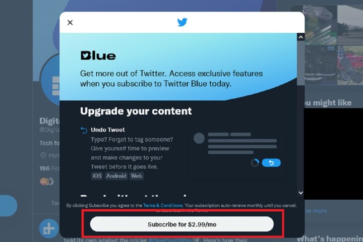 O botão de inscrição do Twitter Blue no site da área de trabalho do Twitter.