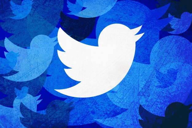 Twitter logo in white stacked on top of a blue stylized background with the Twitter logo repeating in shades of blue.