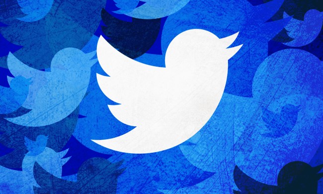 Twitter logo in white stacked on top of a blue stylized background with the Twitter logo repeating in shades of blue.