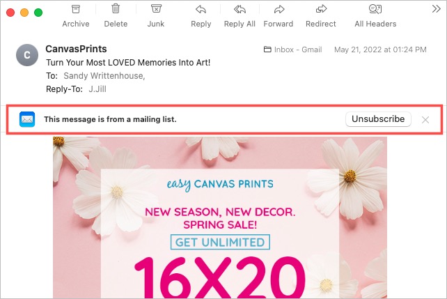 Unsubscribe button in Apple Mail.