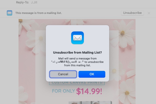 Messaggio di conferma di annullamento dell'iscrizione in Apple Mail.