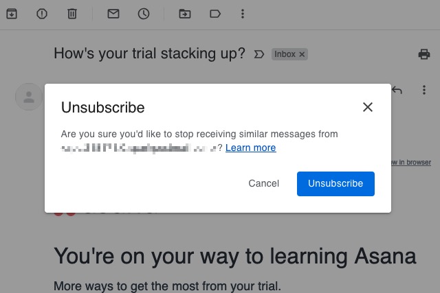 Unsubscribe confirmation message in Gmail.