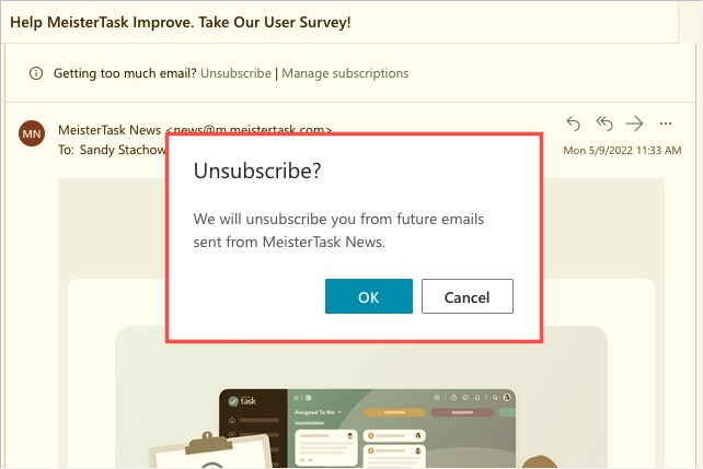 Unsubscribe confirmation message in Outlook.