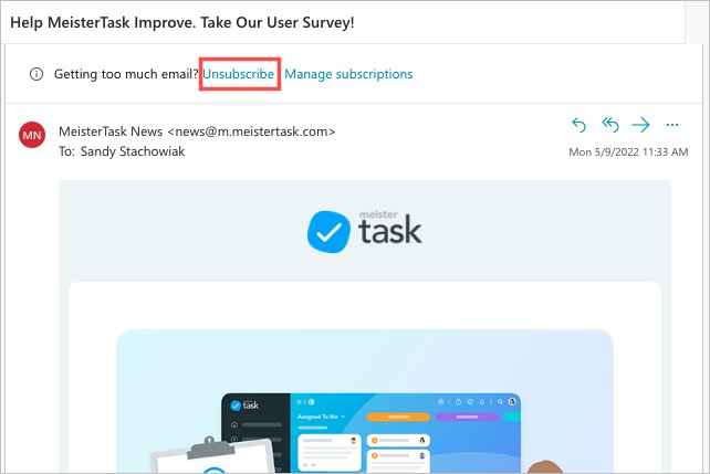 Unsubscribe link in Outlook.