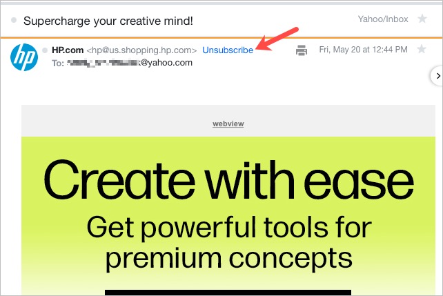 Unsubscribe link in Yahoo.