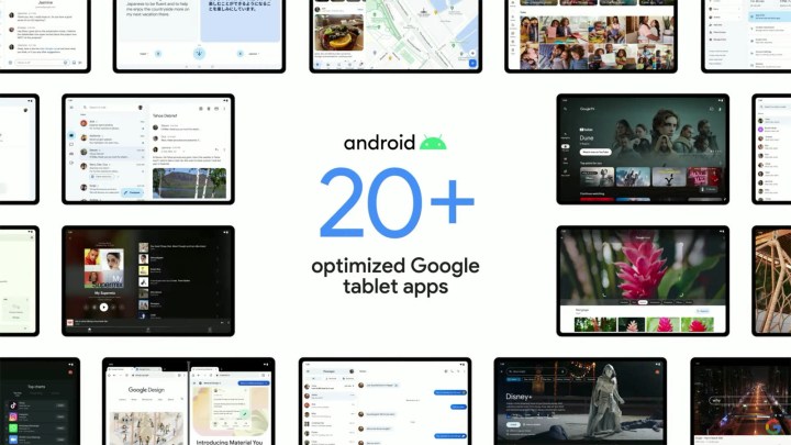Более 20 оптимизированных приложений Google для планшетов на экране мероприятия.