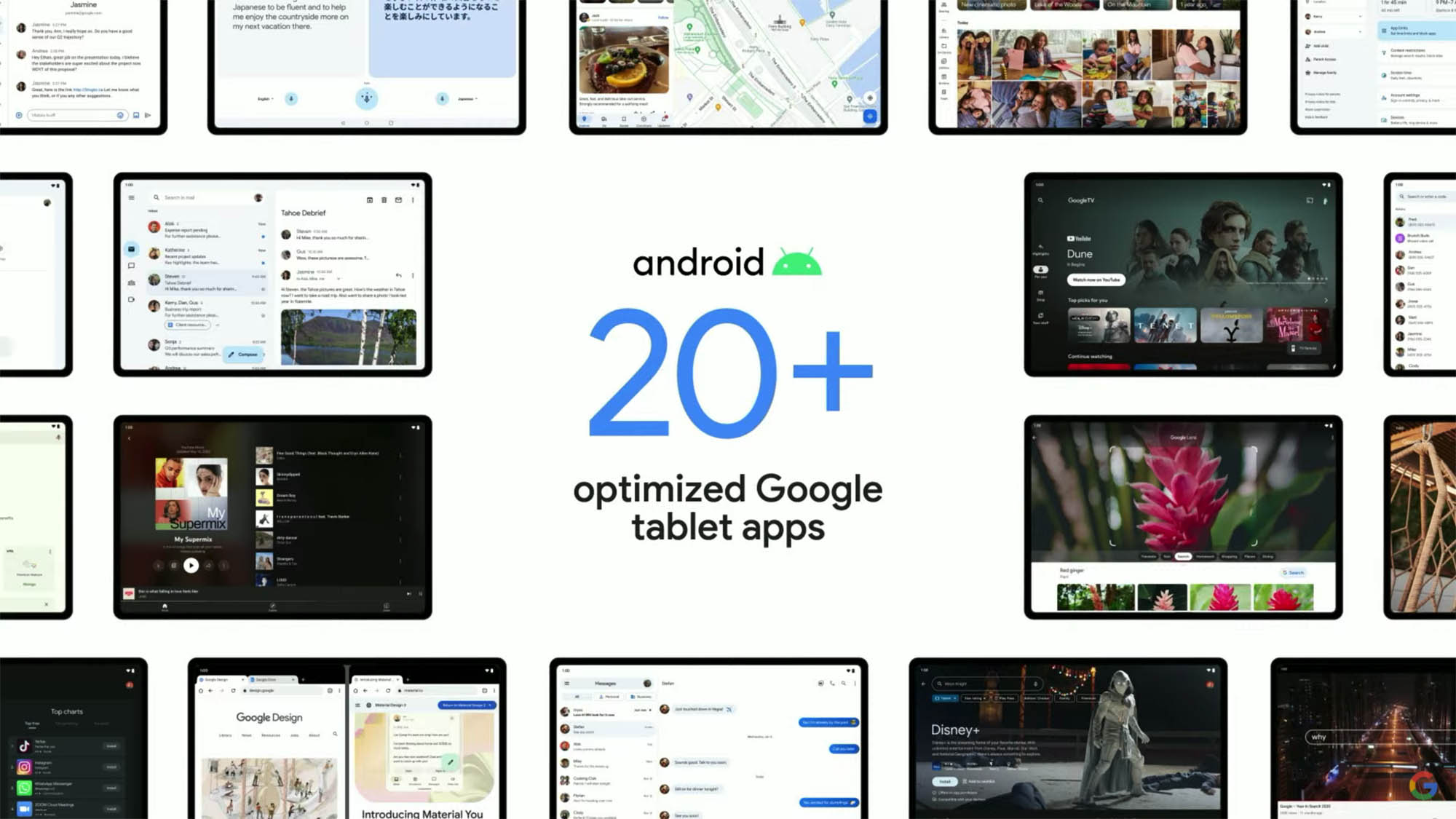 Mais de 20 aplicativos otimizados para tablet do Google na tela do evento.