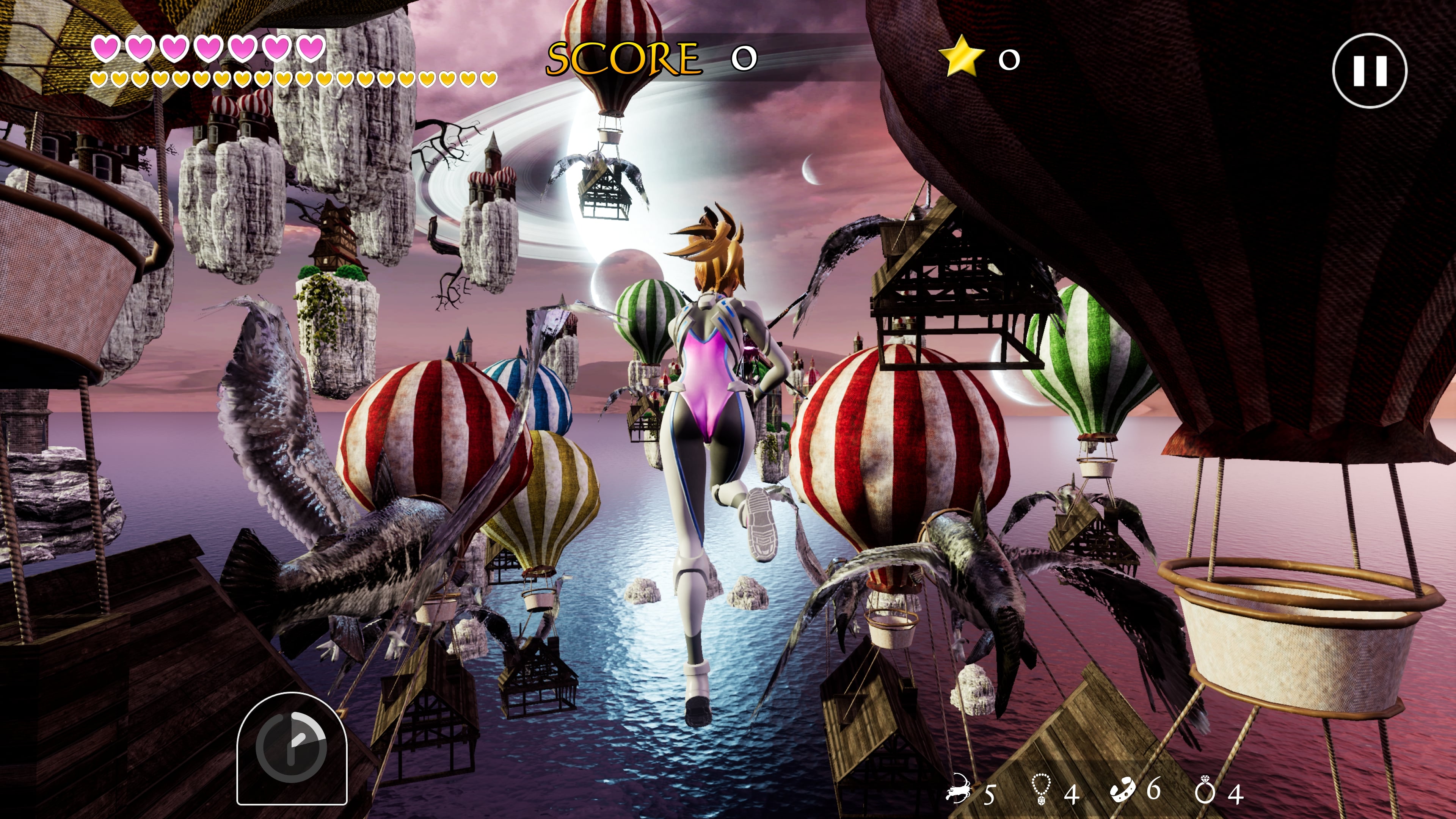Um personagem voa por um céu cheio de balões em Air Twister.