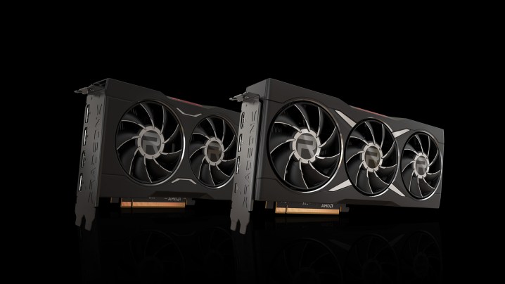 Placas gráficas AMD Radeon RX 6000 sobre um fundo preto.