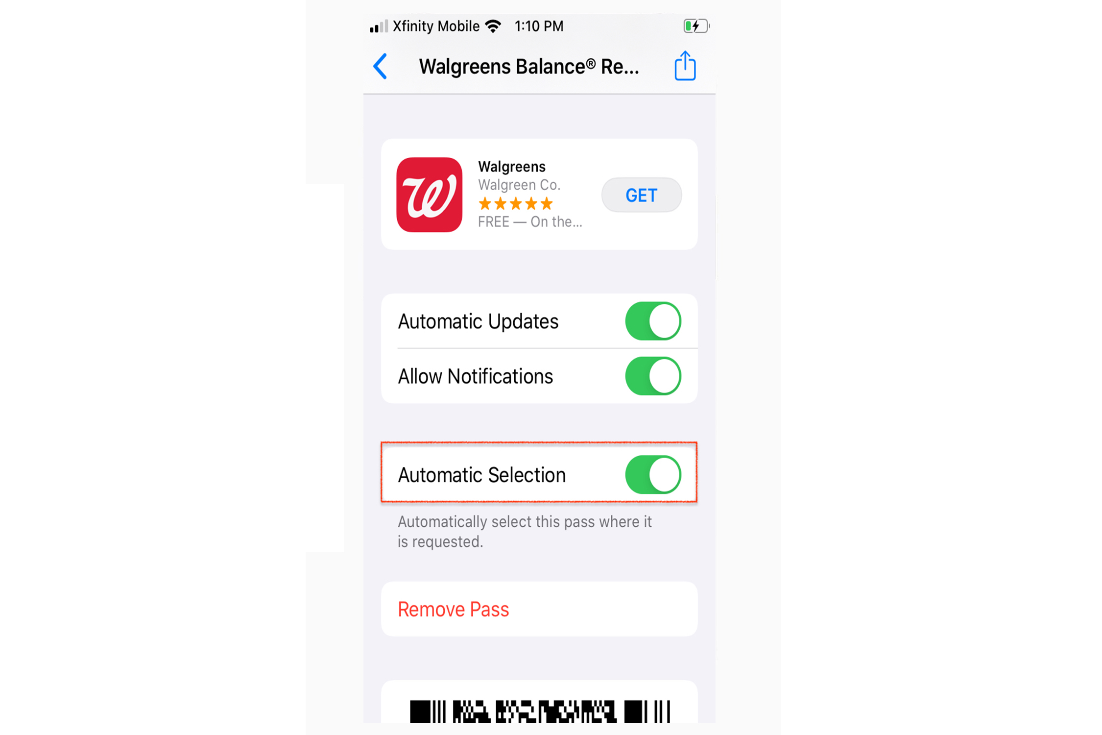 Painel de atualização automática do aplicativo Apple Wallet.