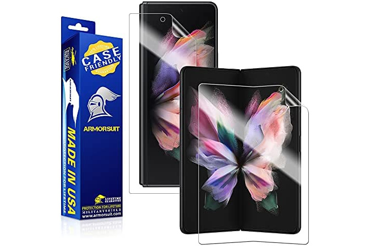 ArmorSuit MilitaryShield Screen Protector for the Z Fold 3 showing the protector on the opened phone next to the retail packaging.