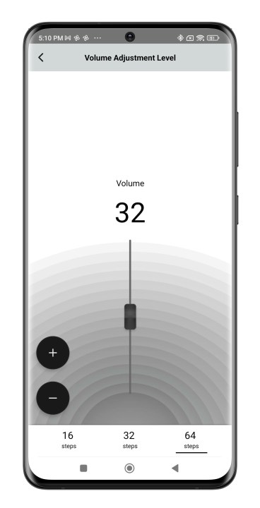 App A-T Connect che mostra la schermata del livello di regolazione del volume.