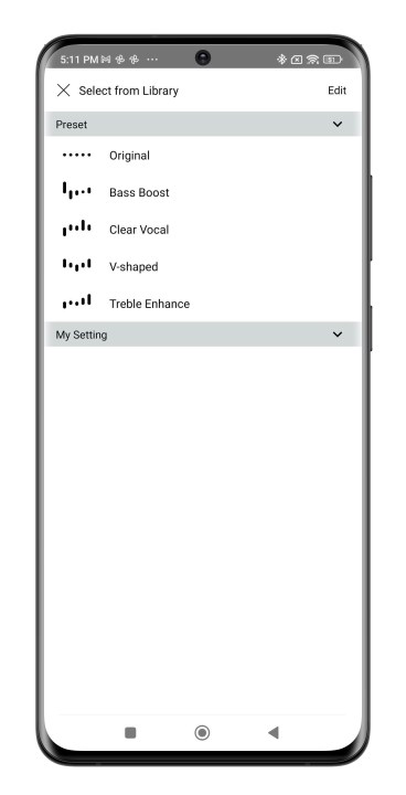 App A-T Connect che mostra le preimpostazioni dell'equalizzatore.