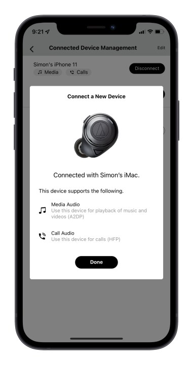 App A-T Connect che mostra la schermata di conferma della connessione del nuovo dispositivo.